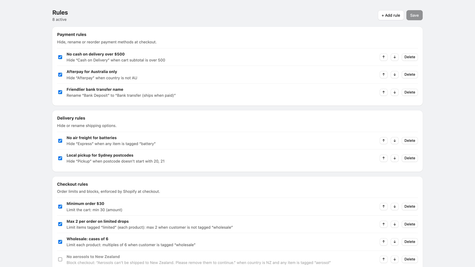 Cartsmith rules list: payment, delivery and checkout rules